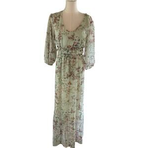 Luxology Mint Green Floral Maxi Dress Wome Medium Puff 3/4 Sleeve Boho Romantic